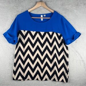 Tacera Blue and Black Chevron Short Sleeve Top